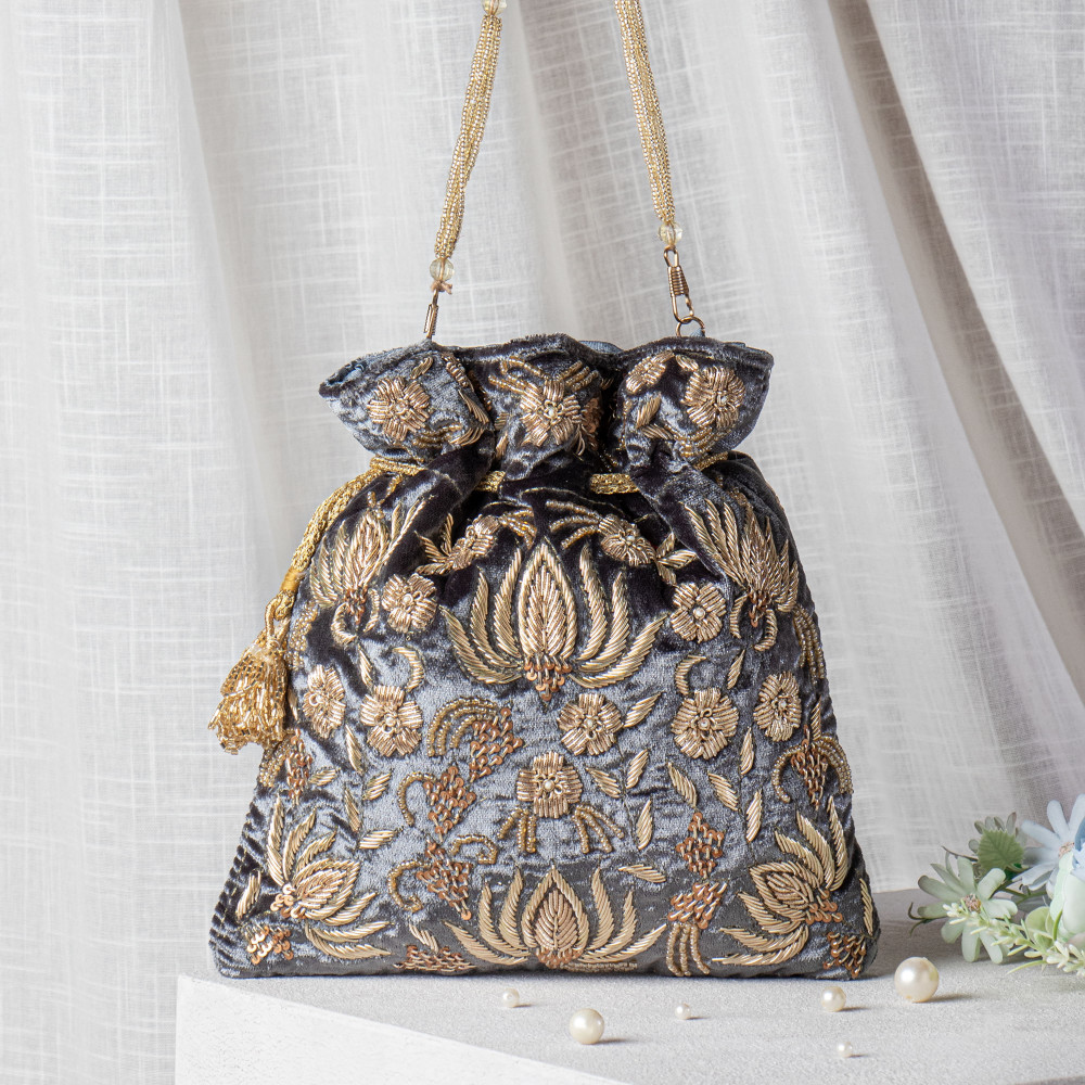 Image of Charcoal Grey Zardozi Embroidered Velvet Lotus Potli Bag