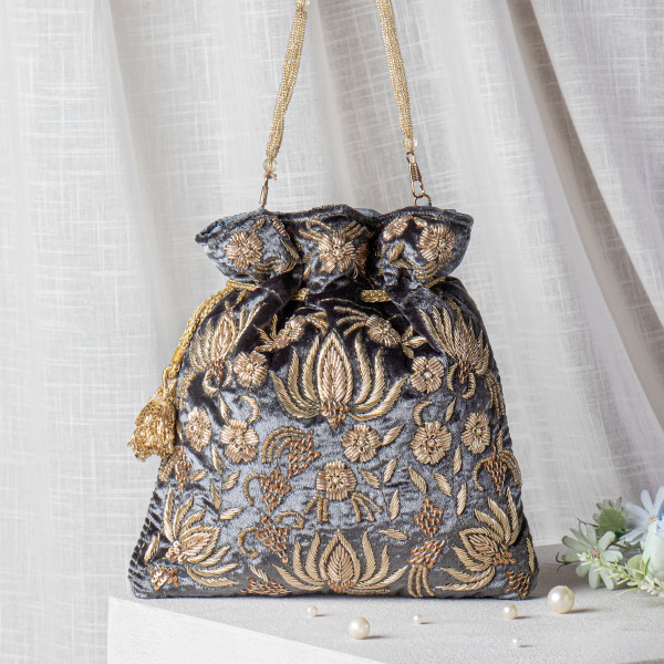Charcoal Grey Zardozi Embroidered Velvet Lotus Potli Bag