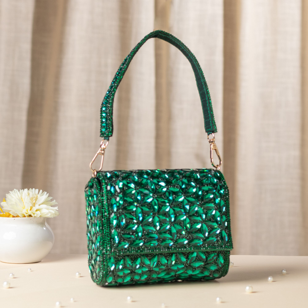 Image of Luxury Green Crystal Evening Clutch - Bridal &amp; Party Handbag