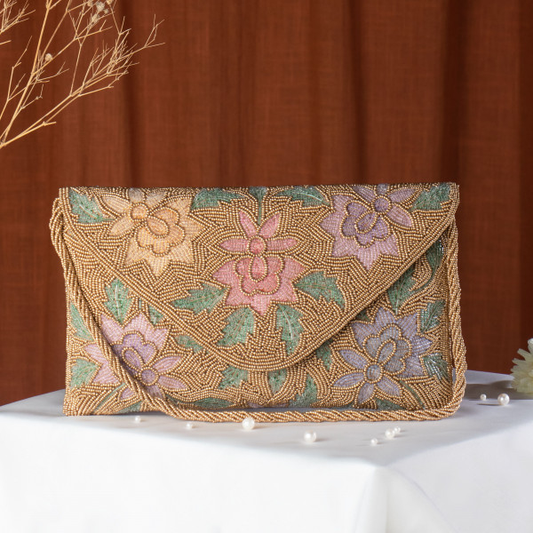 Copper Embellished Evening Clutch Bag with Chain Strap