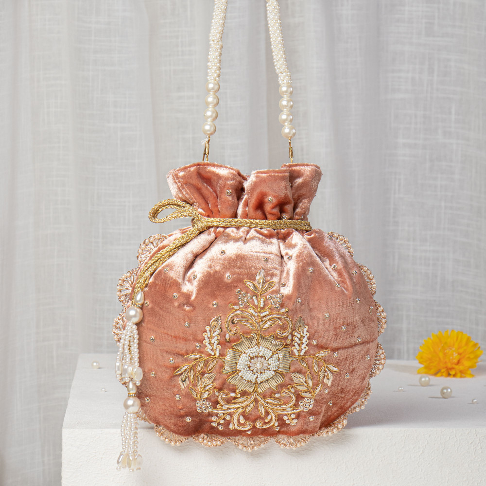 Image of Peach Velvet Potli Bag | Pearl &amp; Zardozi Hand-Embroidered Bridal Potli