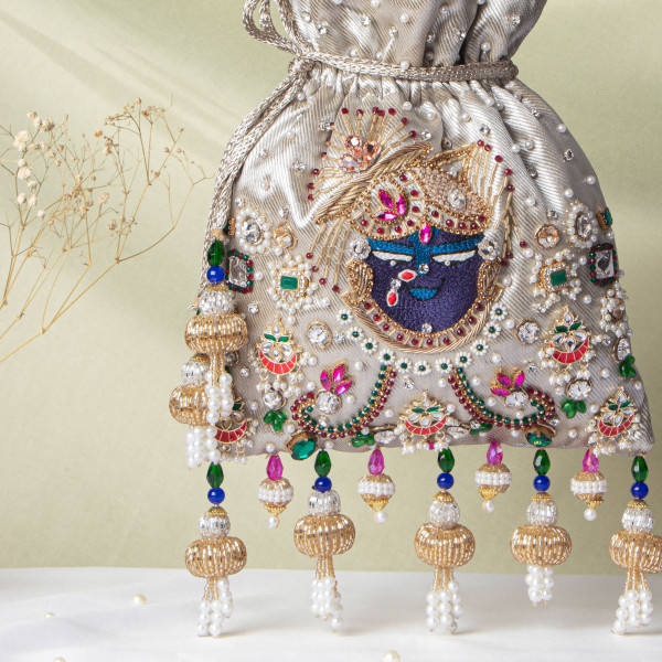 Silver Jewellery Shrinathji Tissue Potli | Intricate Hand-Embroidered Potli Bag
