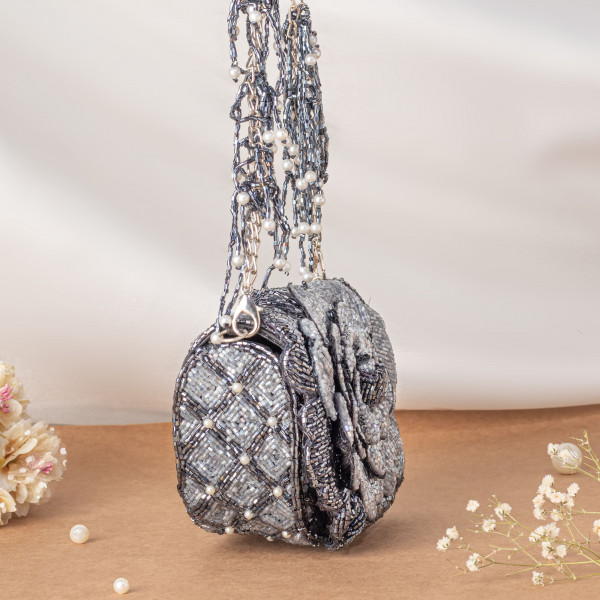 Charcoal Grey Handcrafted 3D Rose Cutdana & Pearl Embellished Clutch Bag