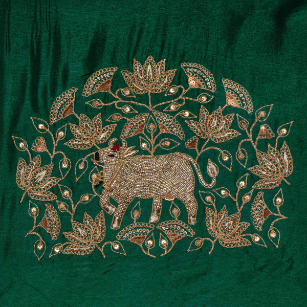 Ethnic Wedding Cow Pichwai Dori Marodi Embroidered green Blouse Fabric