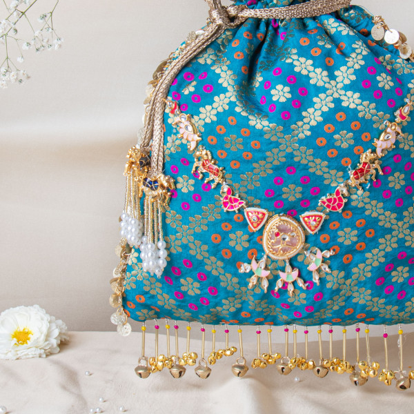 Royal Teal Banarasi Brocade Potli with Kundan-Meenakari Detailing