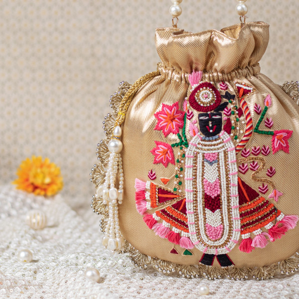 Golden Tissue Shrinath Ji Scallop Potli Bag (Shreenath Ji)