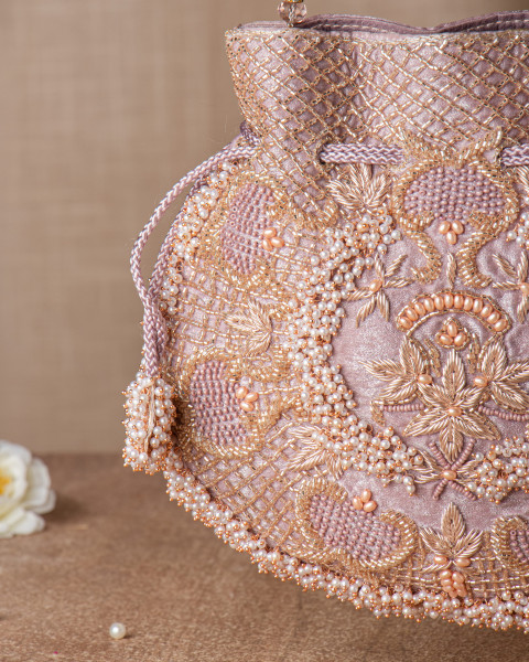 Rose Gold Shimmer Potli Bag with Pearls & Cutdana Details