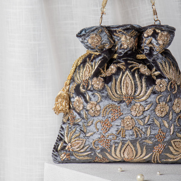 Charcoal Grey Zardozi Embroidered Velvet Lotus Potli Bag