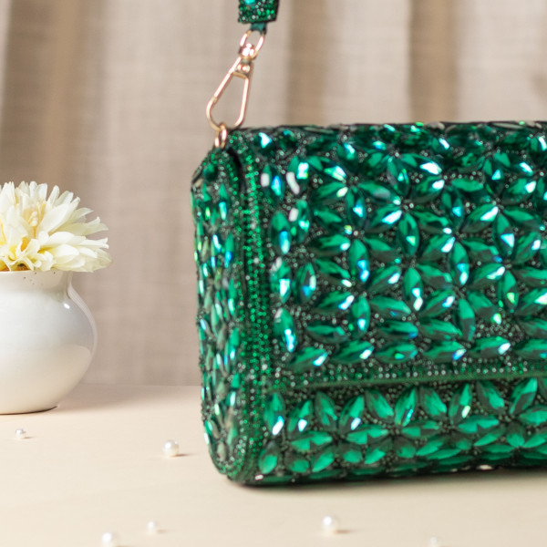 Luxury Green Crystal Evening Clutch - Bridal & Party Handbag