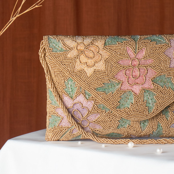 Copper Embellished Evening Clutch Bag with Chain Strap