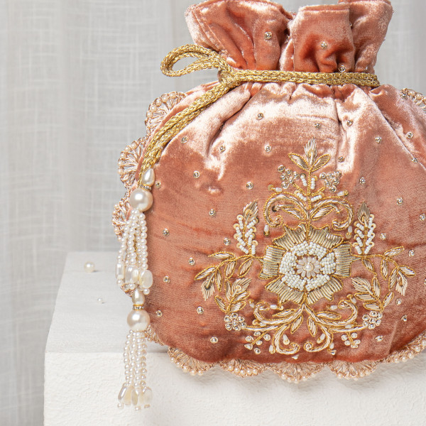 Peach Velvet Potli Bag | Pearl & Zardozi Hand-Embroidered Bridal Potli