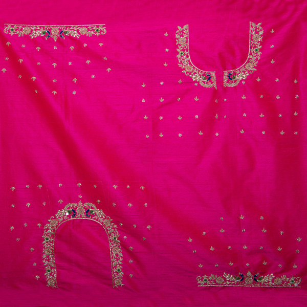 Premium Rani Pink Zardozi Hand Embroidery Raw Silk Blouse Fabric (1 Meter)