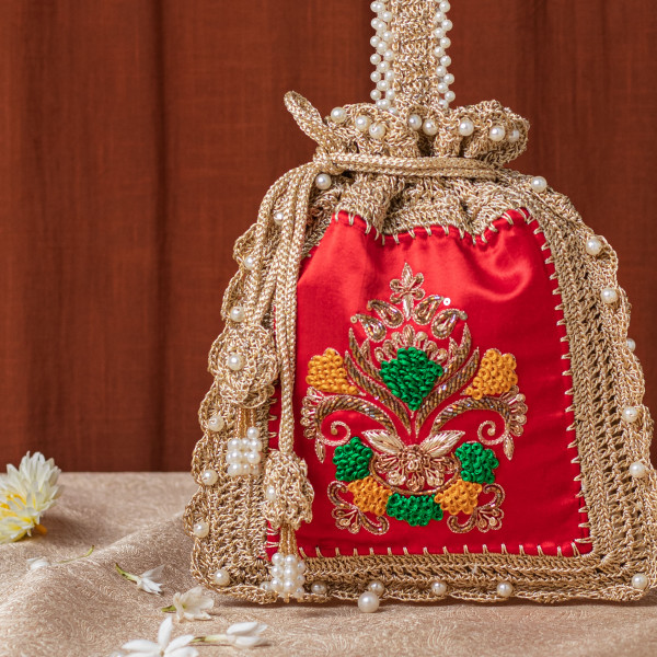 Red Silk & Floral Crochet Potli Bag