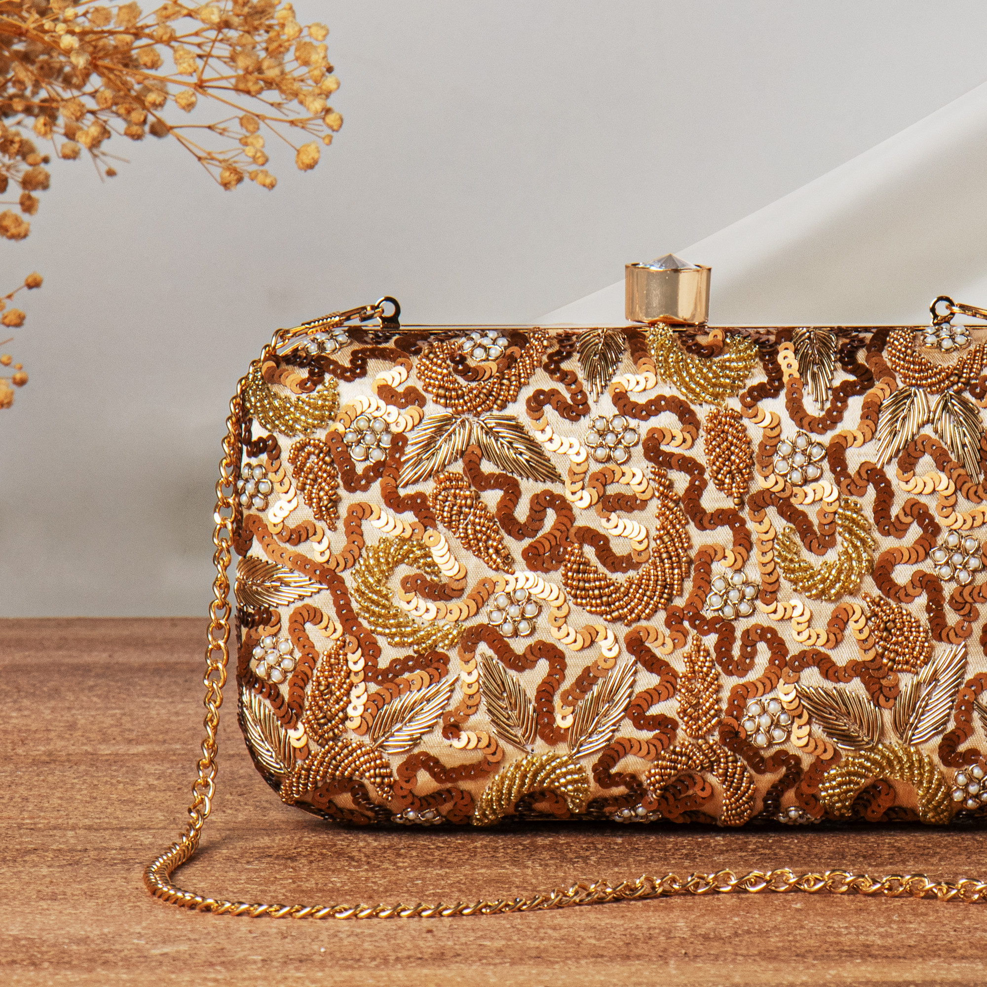 Antique Gold Bead Zardozi Pearl Embroider Wedding Clutch Purse