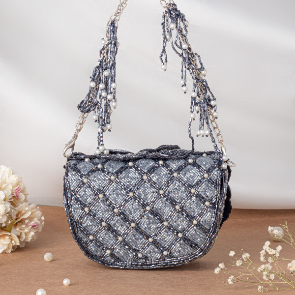 Charcoal Grey Handcrafted 3D Rose Cutdana & Pearl Embellished Clutch Bag
