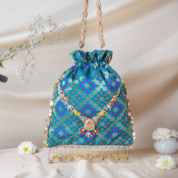 Royal Teal Banarasi Brocade Potli with Kundan-Meenakari Detailing