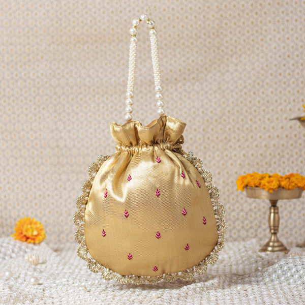 Golden Tissue Shrinath Ji Scallop Potli Bag (Shreenath Ji)