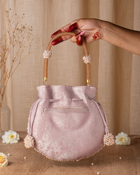 Rose Gold Shimmer Potli Bag with Pearls & Cutdana Details