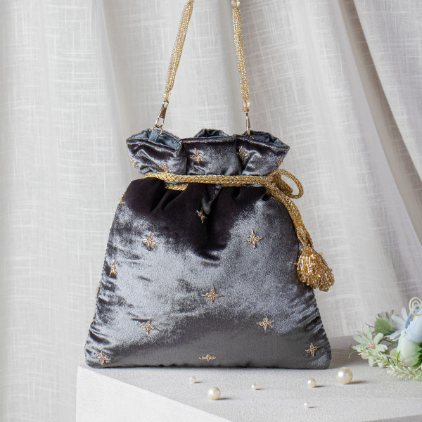 Charcoal Grey Zardozi Embroidered Velvet Lotus Potli Bag