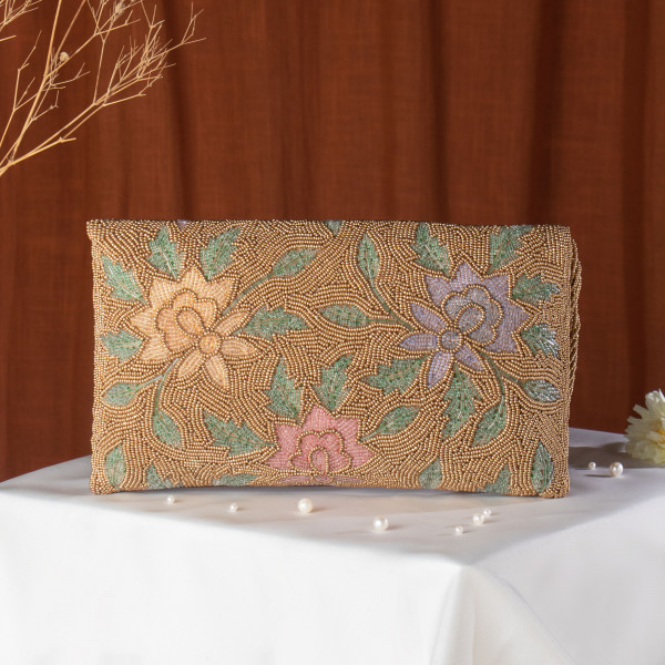 Copper Embellished Evening Clutch Bag with Chain Strap