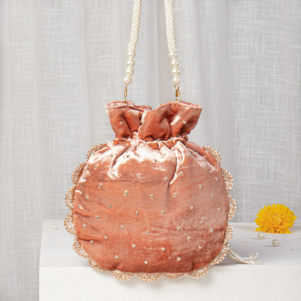 Peach Velvet Potli Bag | Pearl & Zardozi Hand-Embroidered Bridal Potli