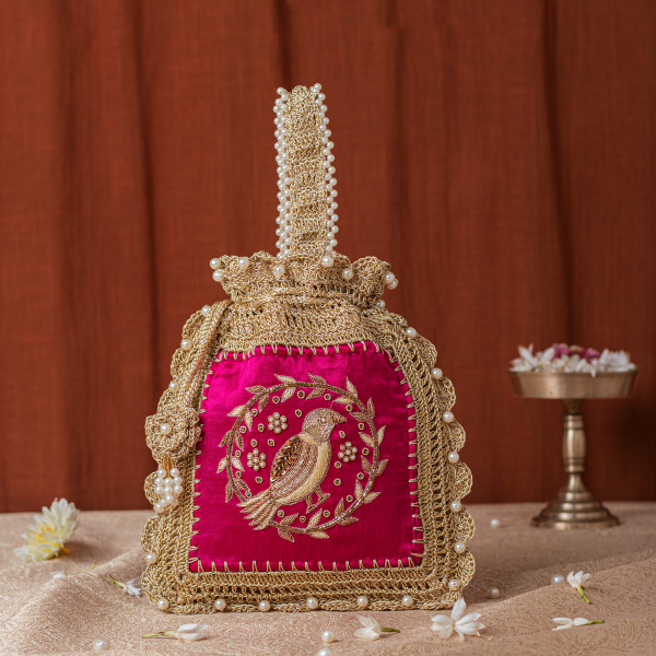 Hot Pink Silk & Crochet Bird Embroidered Potli Bag