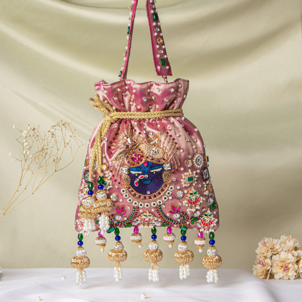 Image of Magenta Rani Jewellery Shrinathji Tissue Potli | Regal Embroidered Potli Bag