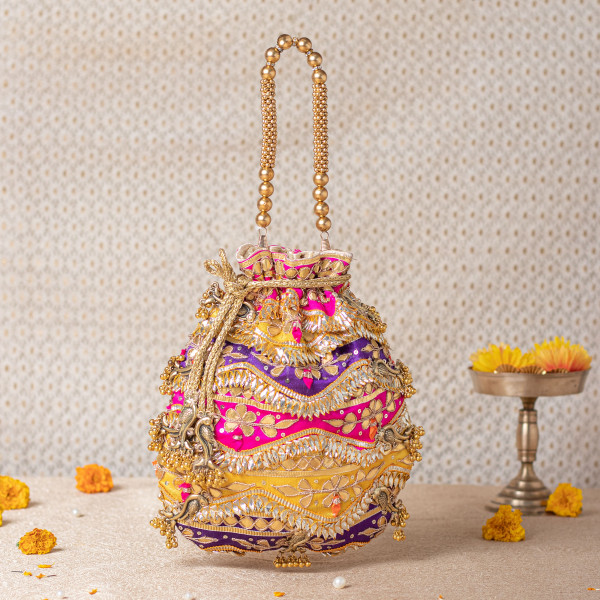 Premium Multicolor Gota Patti Potli Bag – Pink • Purple • Yellow