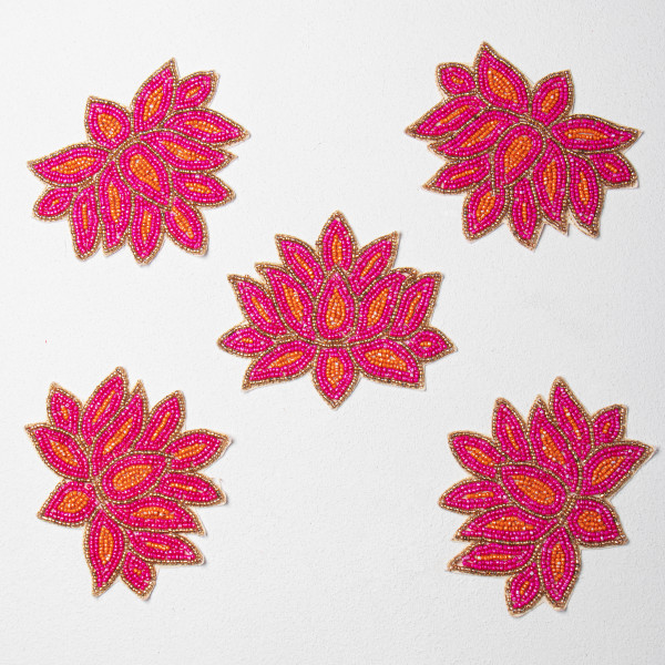 Handcrafted Pink Lotus Beaded Embroidery Patch | Premium Designer Floral Applique for Ethnic Wear, Bridal Couture, DIY Fashion & Craft Projects | 11.5cm x 13.6cm(PAIR )