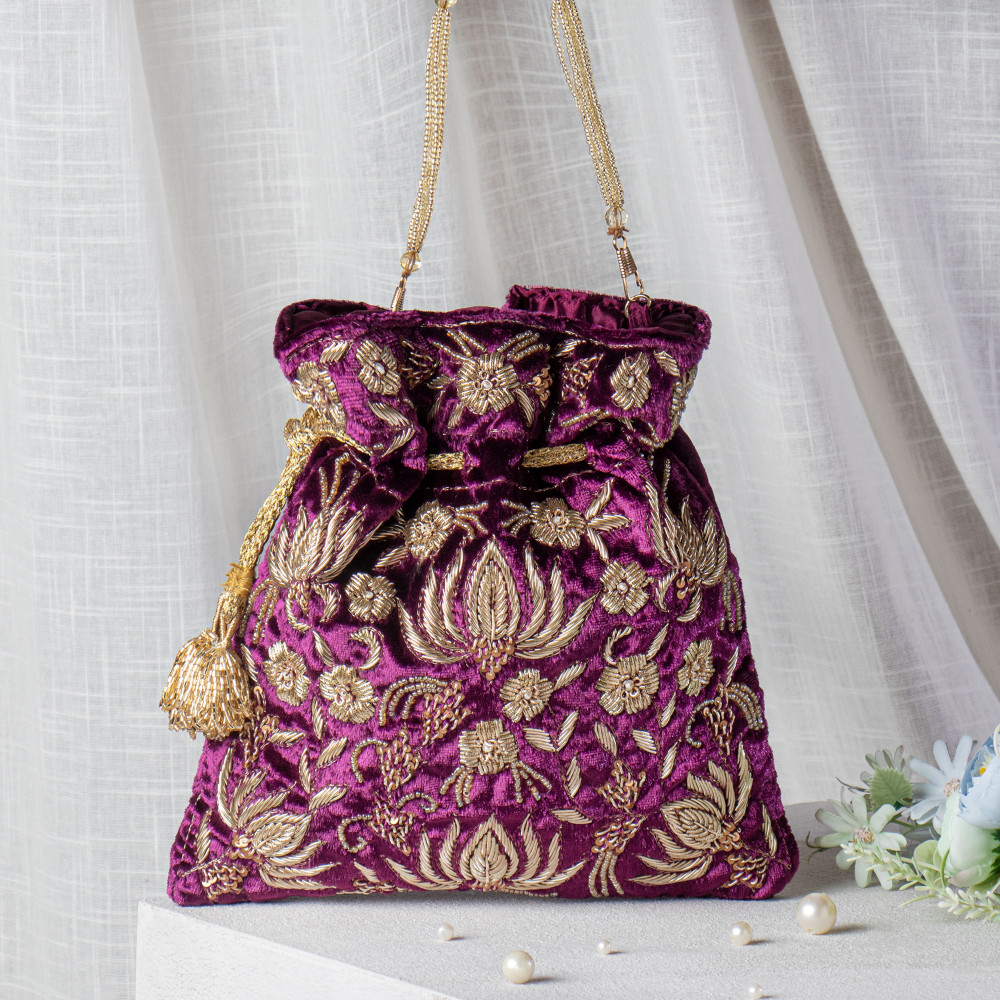 Image of Wine Zardozi Embroidered Velvet Lotus Potli Bag