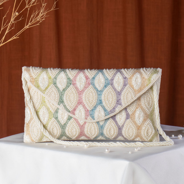 Cream Multi-Colored Beaded Ethnic Flap Clutch