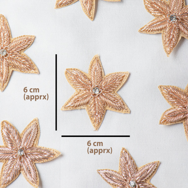 Handcrafted Rose Gold Zardozi Star Motif – Designer Metal Thread Embroidery Patch with Crystal Center for Sarees, Blouses, Lehengas & Couture Fashion (6 cm)(SET OF 10)
