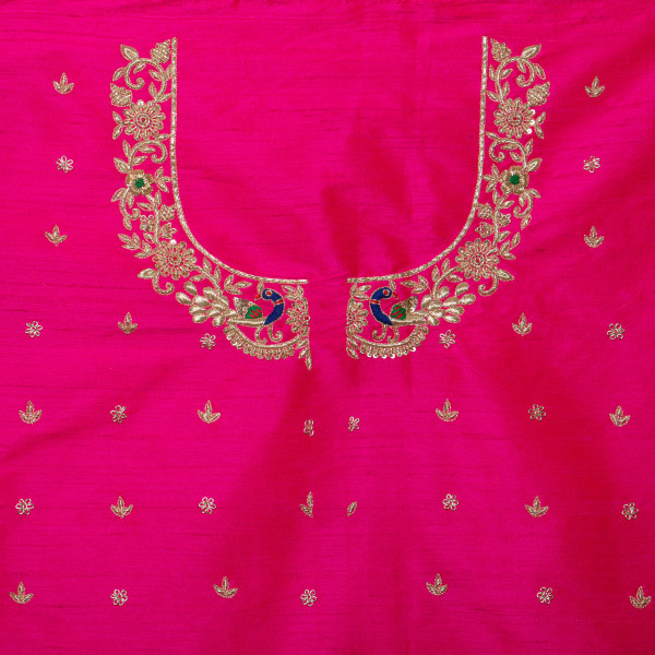 Premium Rani Pink Zardozi Hand Embroidery Raw Silk Blouse Fabric (1 Meter)