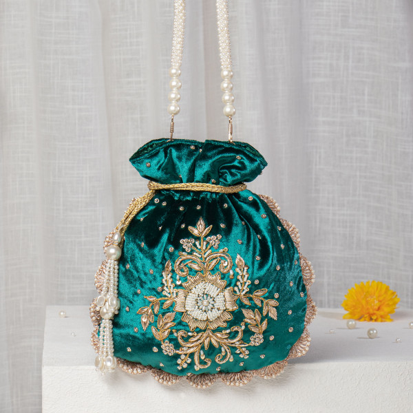Emerald Green Velvet Zardosi Potli
