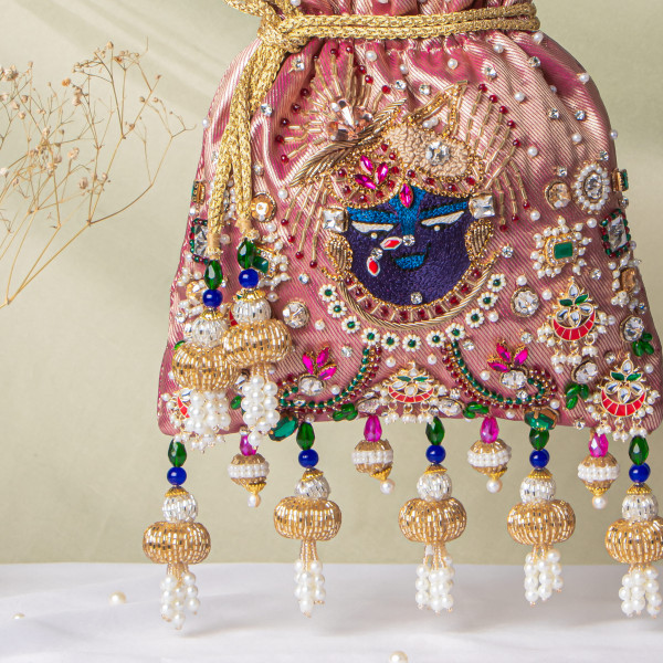 Magenta Rani Jewellery Shrinathji Tissue Potli | Regal Embroidered Potli Bag