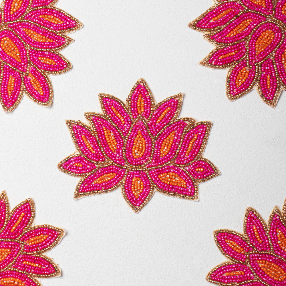 Image of Handcrafted Pink Lotus Beaded Embroidery Patch | Premium Designer Floral Applique for Ethnic Wear, Bridal Couture, DIY Fashion &amp; Craft Projects | 11.5cm x 13.6cm(PAIR )