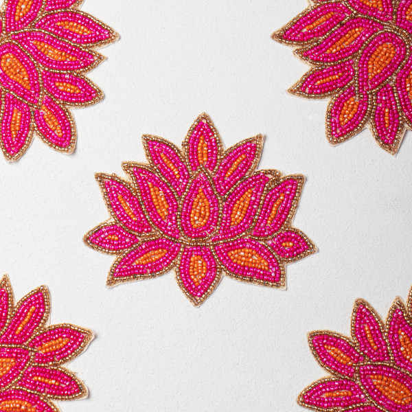 Handcrafted Pink Lotus Beaded Embroidery Patch | Premium Designer Floral Applique for Ethnic Wear, Bridal Couture, DIY Fashion & Craft Projects | 11.5cm x 13.6cm(PAIR )
