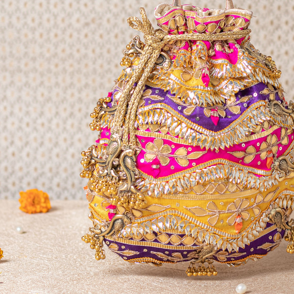 Premium Multicolor Gota Patti Potli Bag – Pink • Purple • Yellow