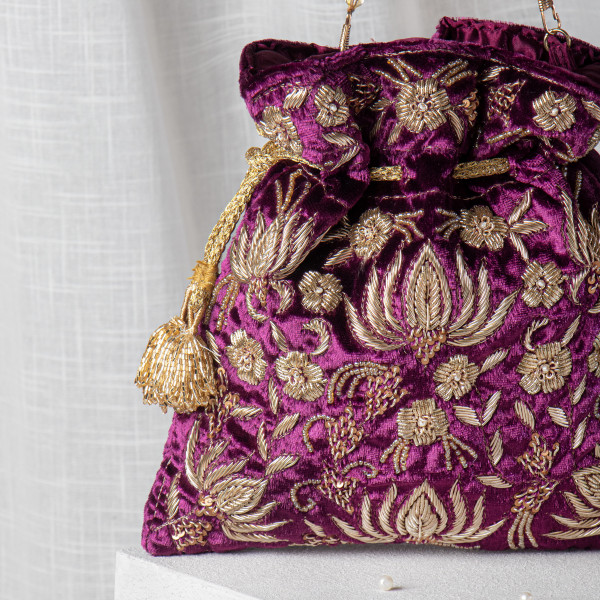 Wine Zardozi Embroidered Velvet Lotus Potli Bag