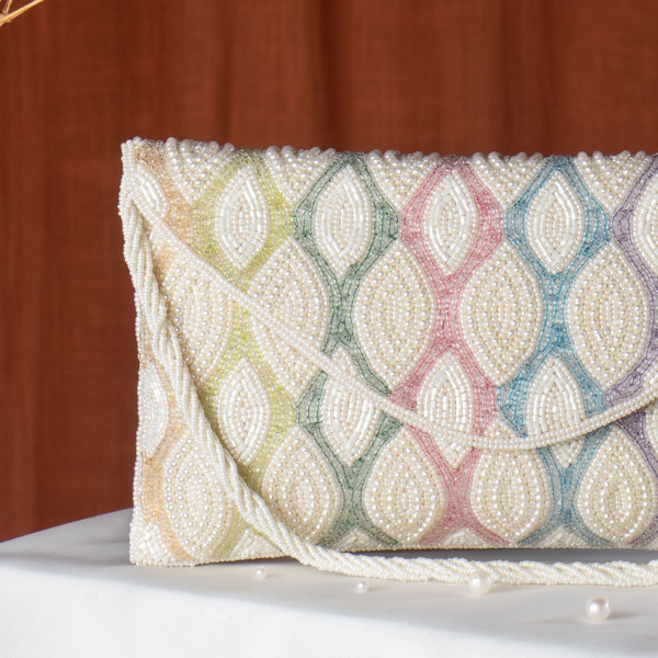 Cream Multi-Colored Beaded Ethnic Flap Clutch