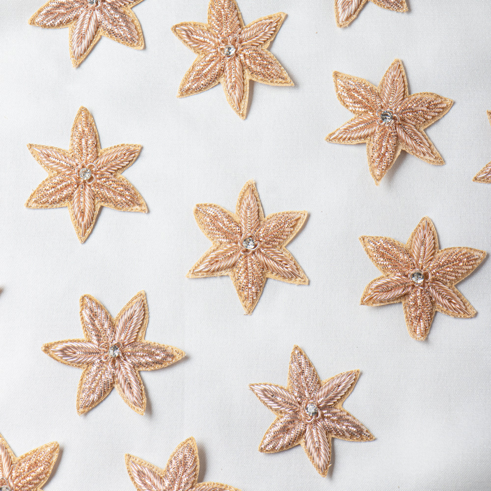 Image of Handcrafted Rose Gold Zardozi Star Motif – Designer Metal Thread Embroidery Patch with Crystal Center for Sarees, Blouses, Lehengas &amp; Couture Fashion (6 cm)(SET OF 10)
