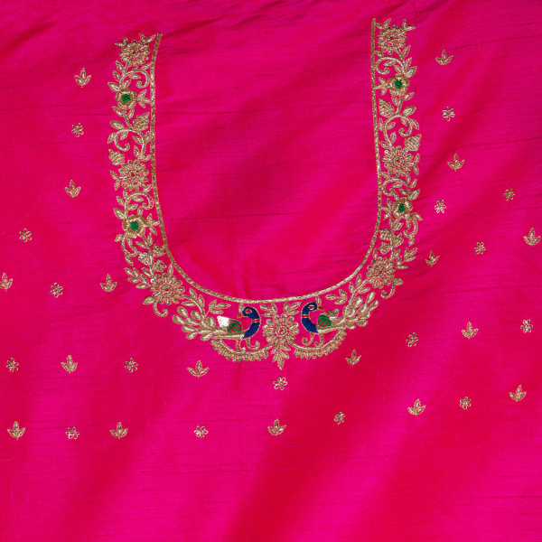 Premium Rani Pink Zardozi Hand Embroidery Raw Silk Blouse Fabric (1 Meter)