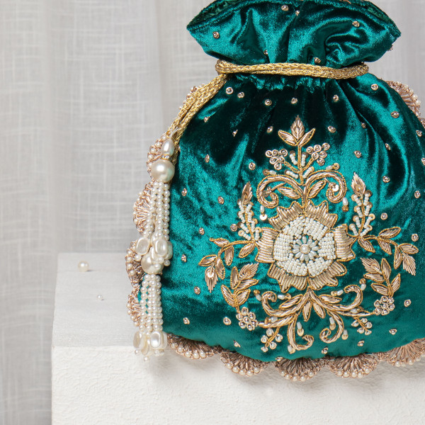 Emerald Green Velvet Zardosi Potli