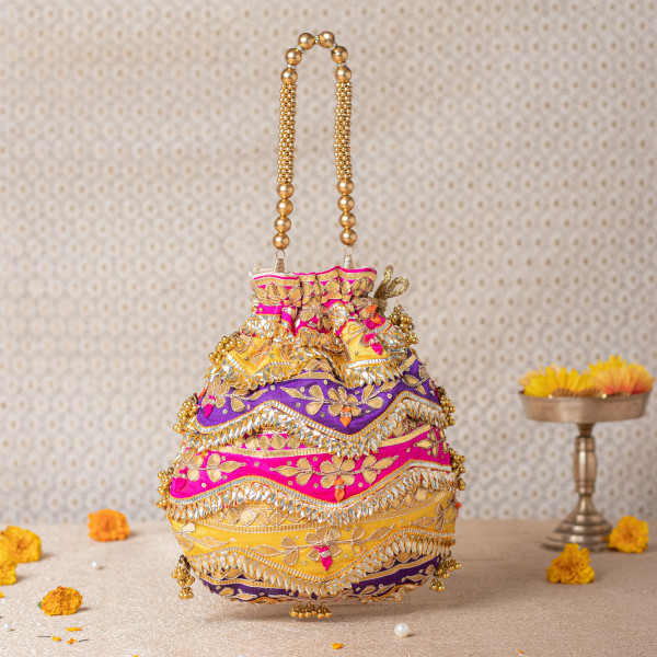Premium Multicolor Gota Patti Potli Bag – Pink • Purple • Yellow