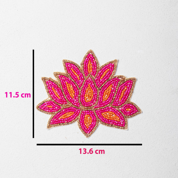 Handcrafted Pink Lotus Beaded Embroidery Patch | Premium Designer Floral Applique for Ethnic Wear, Bridal Couture, DIY Fashion & Craft Projects | 11.5cm x 13.6cm(PAIR )