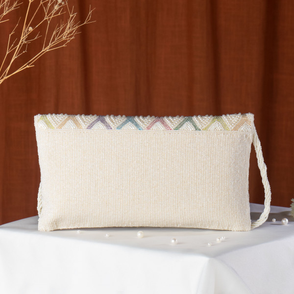 Cream Multi-Colored Beaded Ethnic Flap Clutch