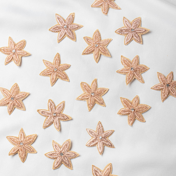 Handcrafted Rose Gold Zardozi Star Motif – Designer Metal Thread Embroidery Patch with Crystal Center for Sarees, Blouses, Lehengas & Couture Fashion (6 cm)(SET OF 10)