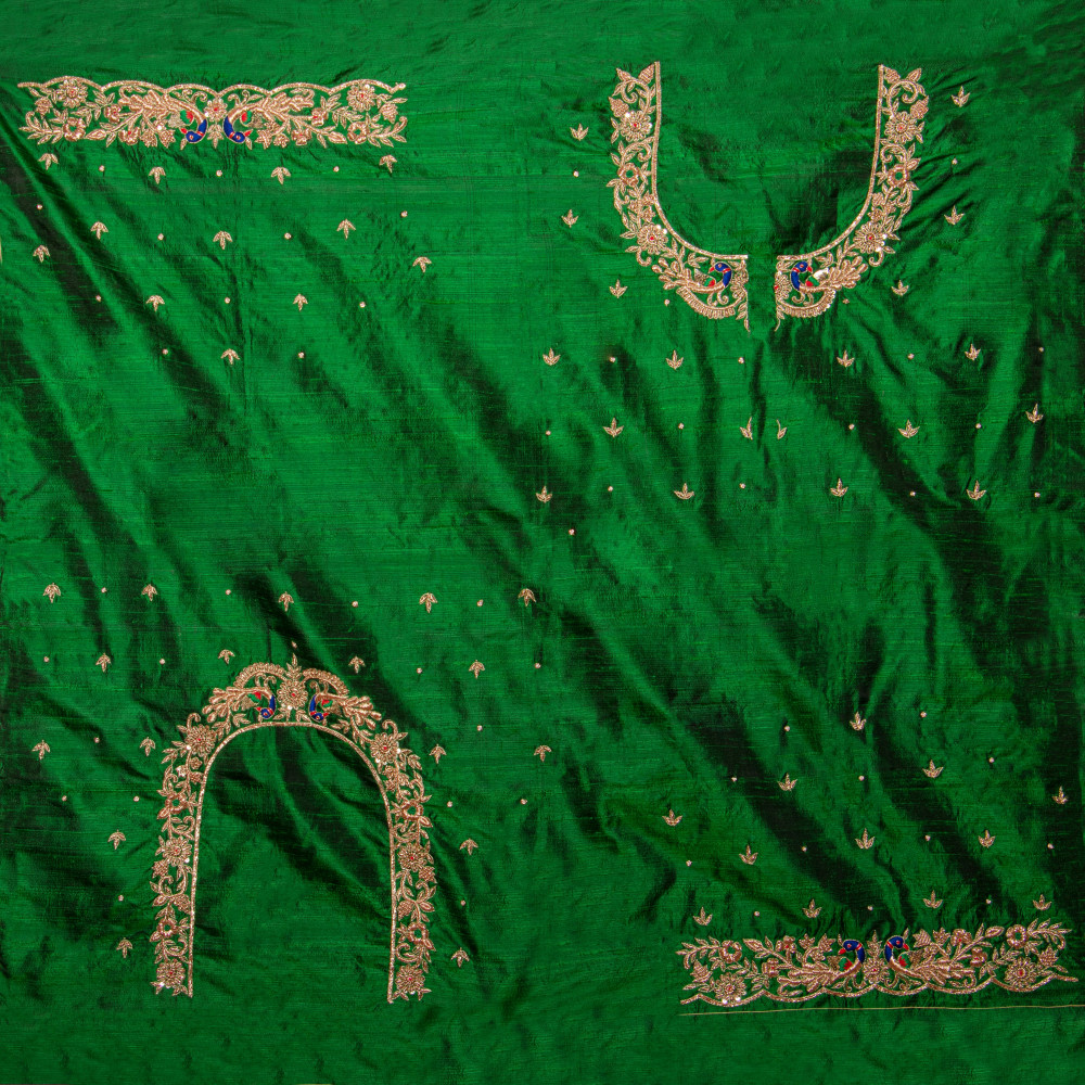 Image of Premium Green Raw Silk Fabric with Hand-Embellished Zardozi Embroidery – 1 Meter Blouse Fabric