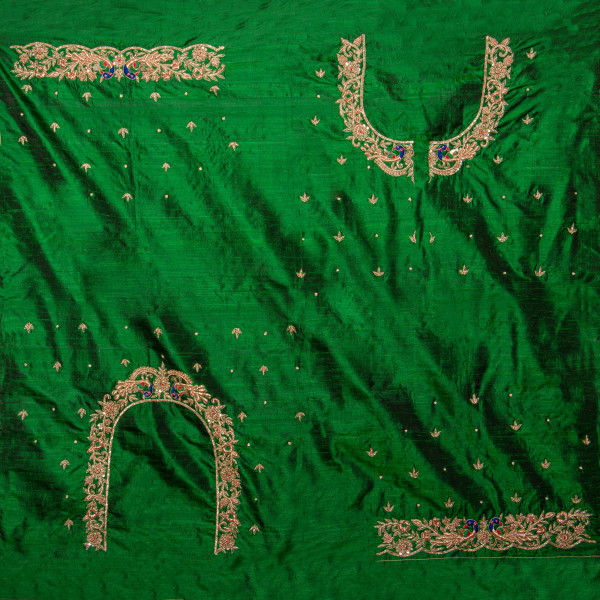 Premium Green Raw Silk Fabric with Hand-Embellished Zardozi Embroidery – 1 Meter Blouse Fabric