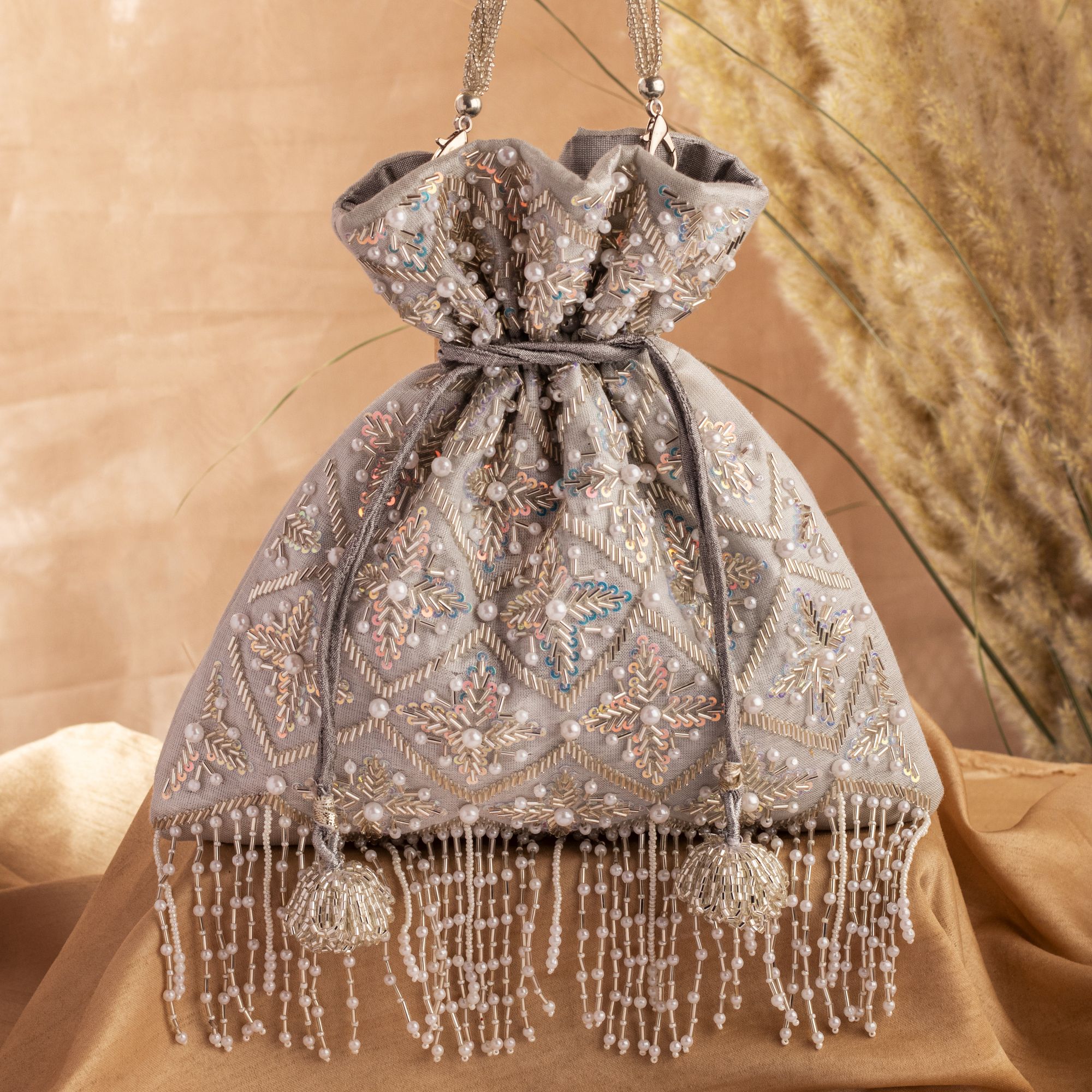 SILVER TASSEL POTLI Luxurious Pearl Glass Bead Embellish